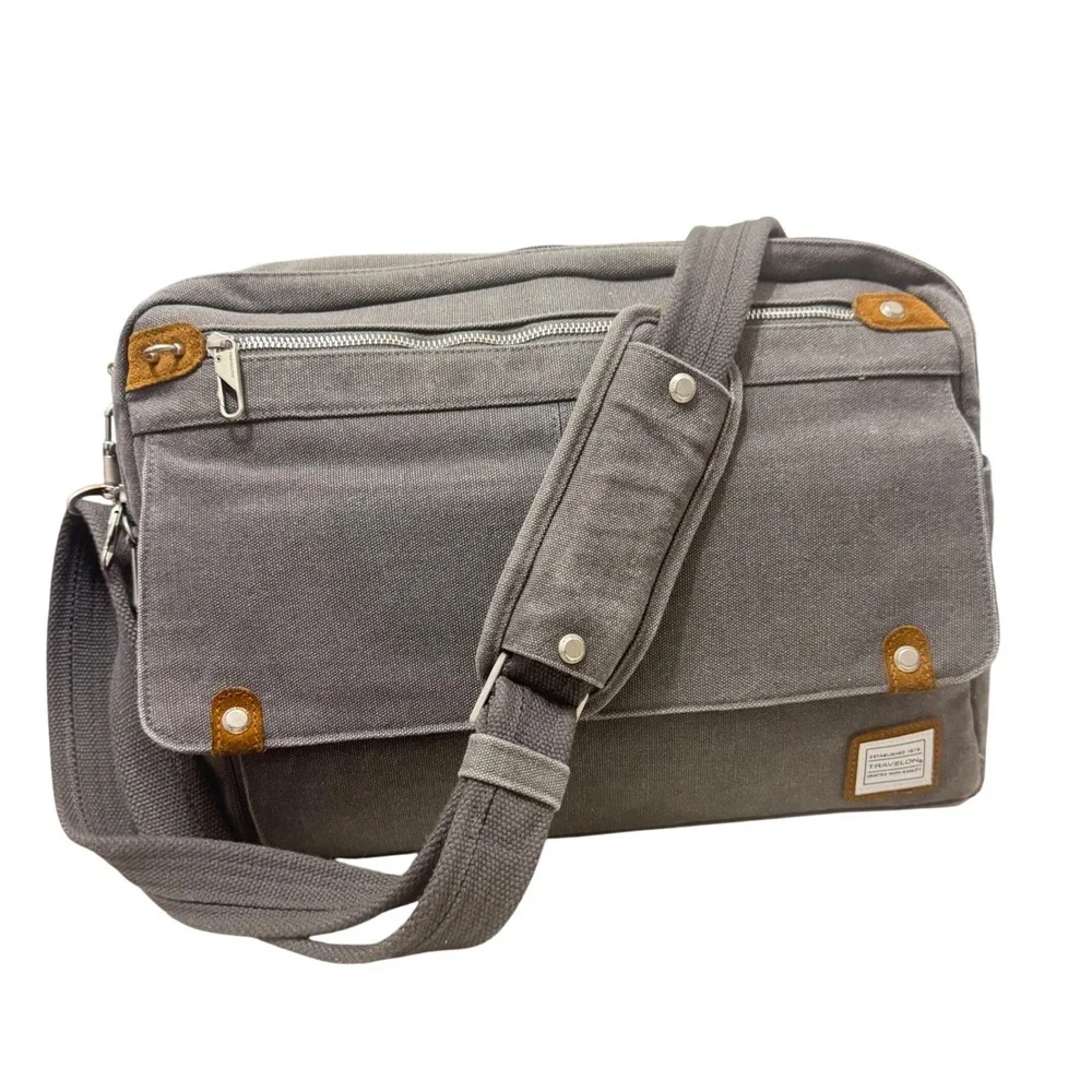 Travelon Anti Theft‎ Messenger Bag Pewter Canvas Crossbody Laptop Bag